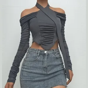 Off shoulder halter ruched crop top