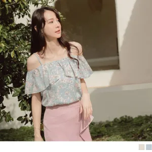 OFF SHOULDER SHORT SLEEVE RUFFLE FLORAL TOPS
