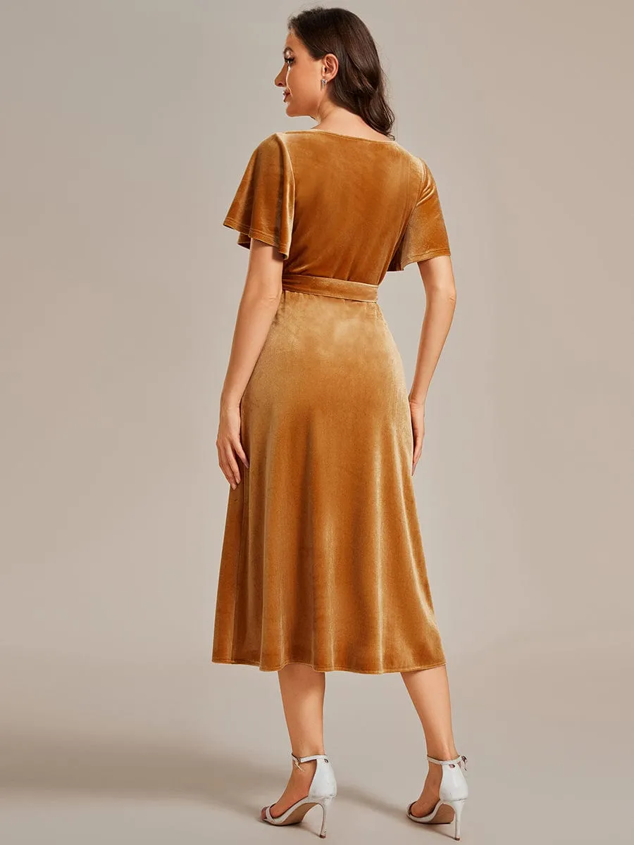 One-Piece Type Short Sleeves V-Neck Velvet Midi Wedding Guest Dress