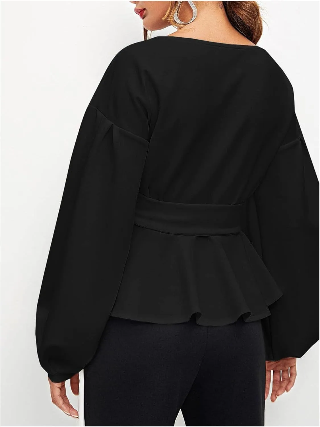 OYOANGLE Women's Off Shoulder Wrap V Neck Bishop Long Sleeve Blouse Belted Elegant Ruffle Peplum Shirt Tops
