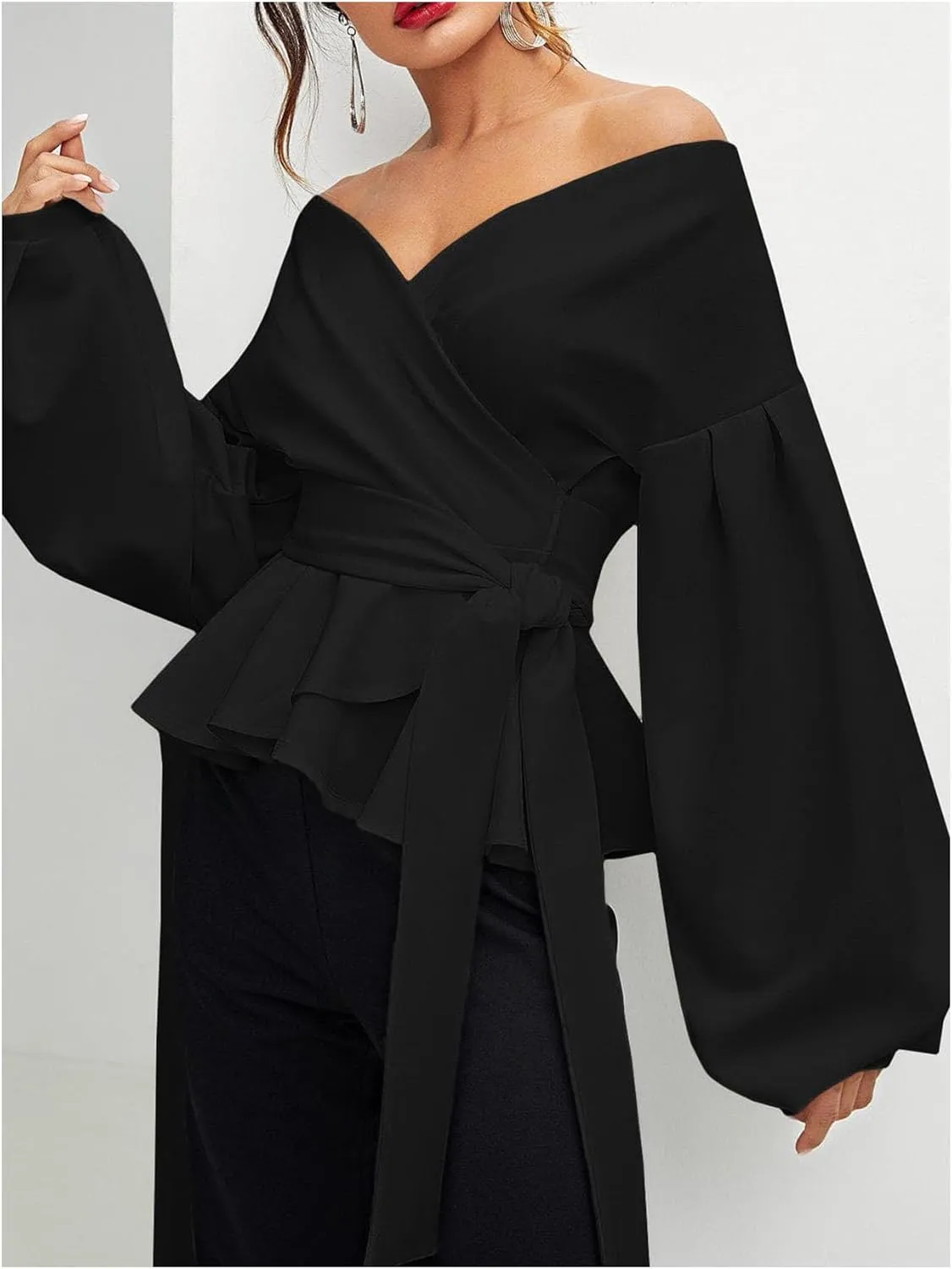 OYOANGLE Women's Off Shoulder Wrap V Neck Bishop Long Sleeve Blouse Belted Elegant Ruffle Peplum Shirt Tops