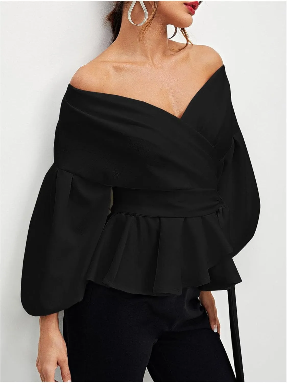 OYOANGLE Women's Off Shoulder Wrap V Neck Bishop Long Sleeve Blouse Belted Elegant Ruffle Peplum Shirt Tops