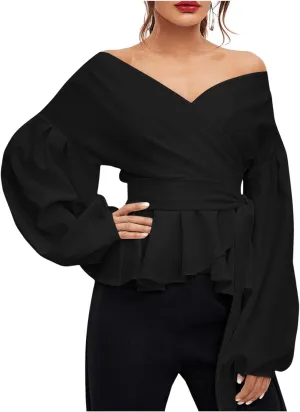 OYOANGLE Women's Off Shoulder Wrap V Neck Bishop Long Sleeve Blouse Belted Elegant Ruffle Peplum Shirt Tops
