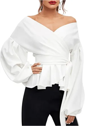 OYOANGLE Women's Off Shoulder Wrap V Neck Bishop Long Sleeve Blouse Belted Elegant Ruffle Peplum Shirt Tops