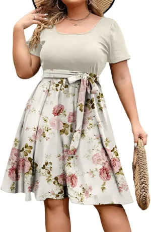 Plus Size Casual Dresses Women 2025 Summer Casual Boho Round Neck Short Sleeve Loose Knee Length Print Dress L-4XL