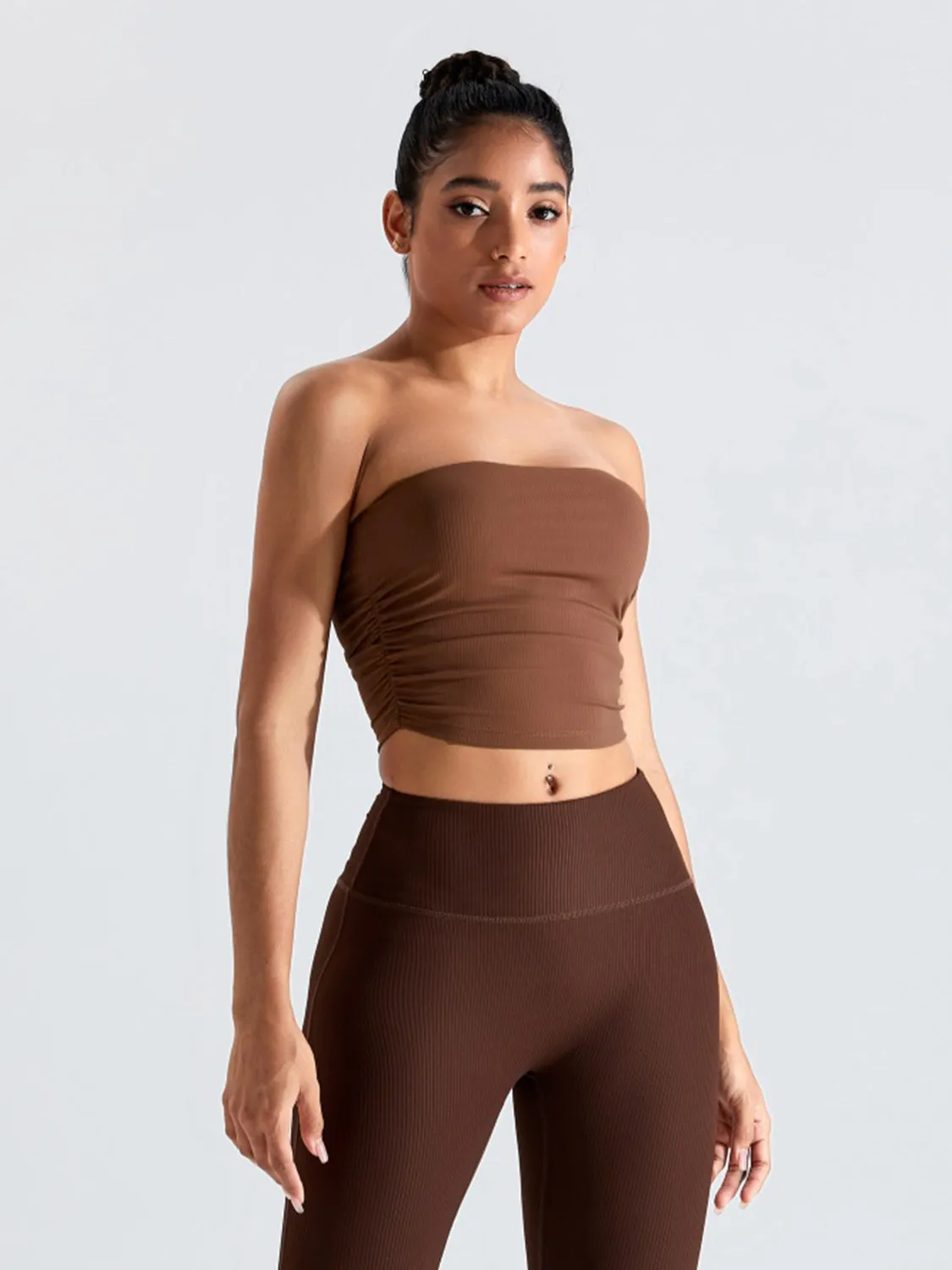 Ribbed Active Bandeau Crop op Strapless Solid Color Tube Shirt