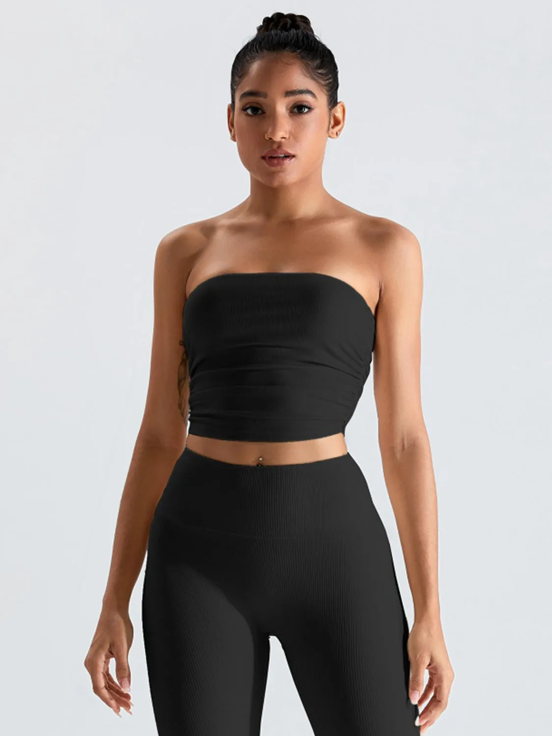 Ribbed Active Bandeau Crop op Strapless Solid Color Tube Shirt