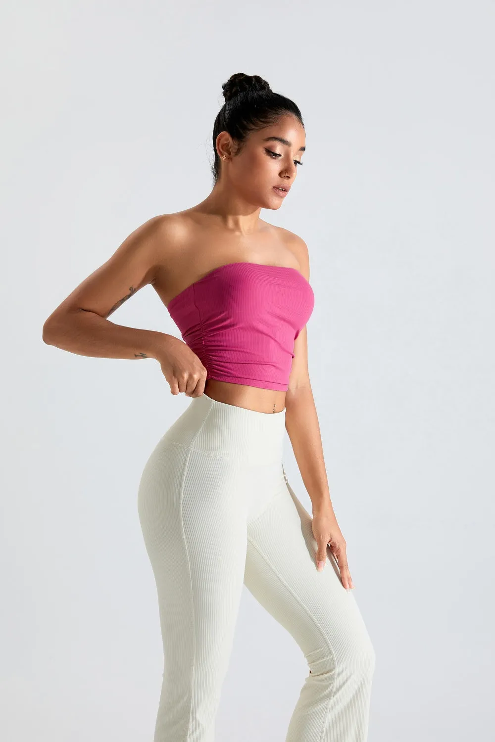 Ribbed Active Bandeau Crop op Strapless Solid Color Tube Shirt