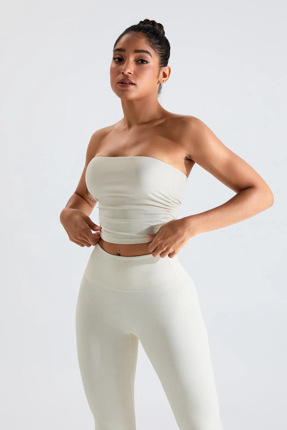 Ribbed Active Bandeau Crop op Strapless Solid Color Tube Shirt