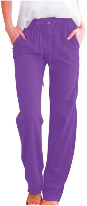 Ruziyoog Summer Cotton Linen Pants for Women Casual Solid Straight Leg Pants Drawstring Elastic High Waist Palazzo Trousers