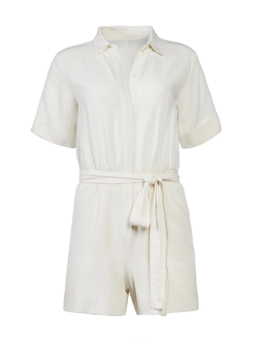 Short Sleeve Belted Romper in Winter White