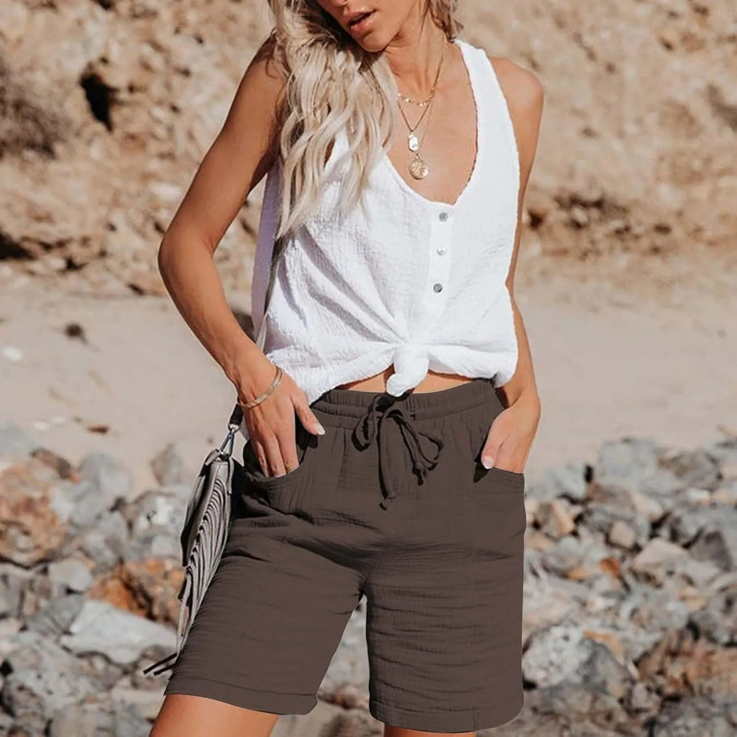 Shorts for Women Linen Shorts Elastic Waist Casual Lightweight with Pockets Cute Drawstring Summer Beach Shorts 2025 Fashion