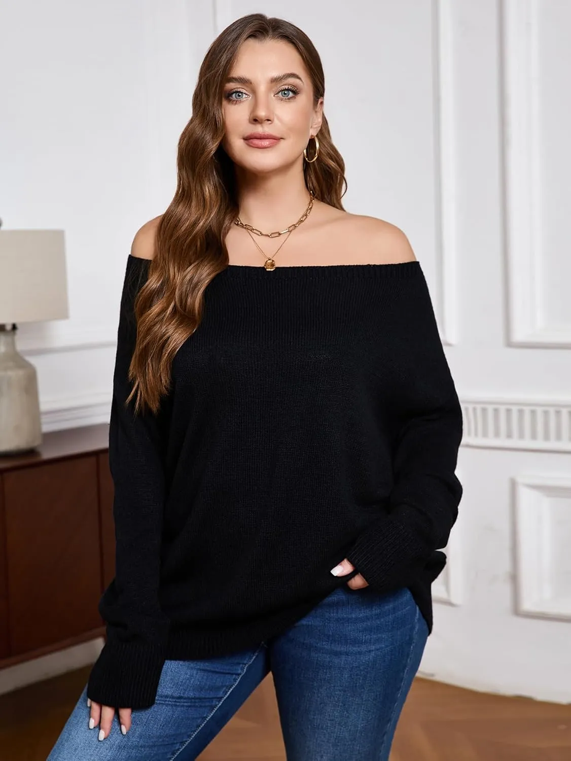 SOLY HUX Women's Plus Size Sweater Off Shoulder Long Sleeve Fall Sweaters Loose Lightweight Pullover Tunic Tops