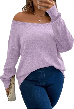 SOLY HUX Women's Plus Size Sweater Off Shoulder Long Sleeve Fall Sweaters Loose Lightweight Pullover Tunic Tops