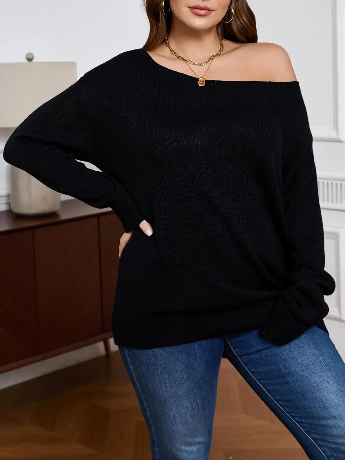 SOLY HUX Women's Plus Size Sweater Off Shoulder Long Sleeve Fall Sweaters Loose Lightweight Pullover Tunic Tops