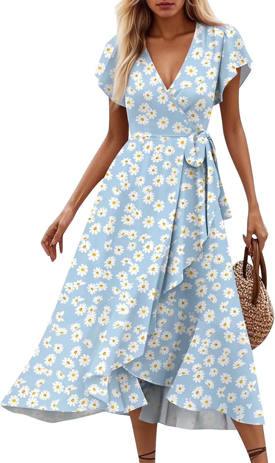 Summer Dresses for Women 2025,Womens Wrap V Neck Casual Dresses Floral Short Sleeve A-Line Ruffle Midi Sundress