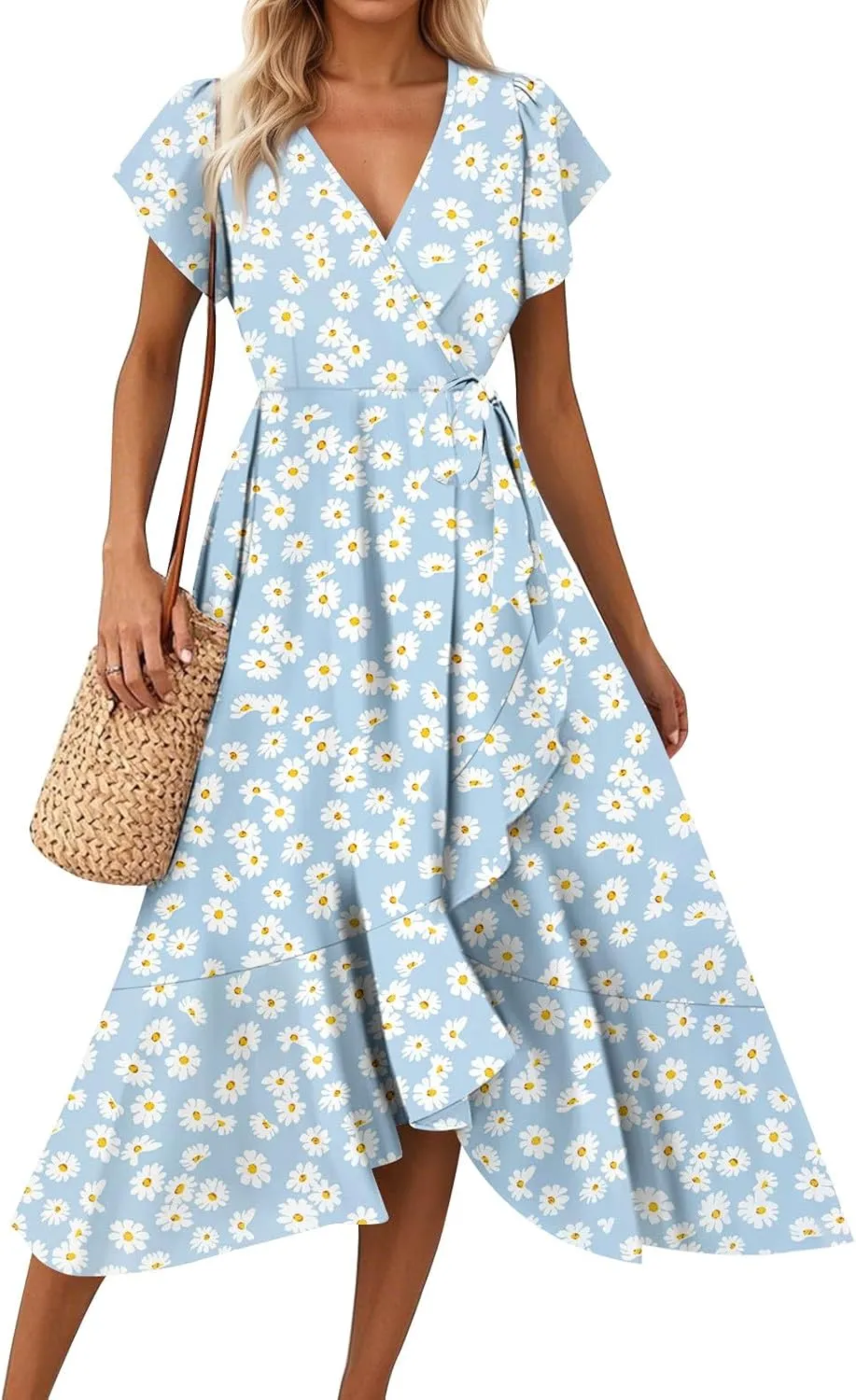 Summer Dresses for Women 2025,Womens Wrap V Neck Casual Dresses Floral Short Sleeve A-Line Ruffle Midi Sundress