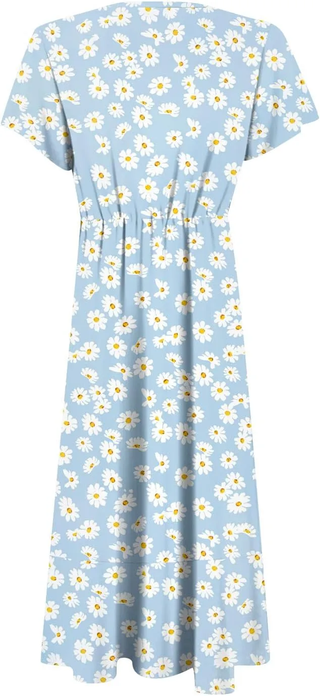 Summer Dresses for Women 2025,Womens Wrap V Neck Casual Dresses Floral Short Sleeve A-Line Ruffle Midi Sundress