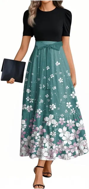Summer Maxi Dress Church Dresses for Women 2025 Short Sleeve Crewneck Empire Waist Dress Aline Flowy Vacation Dresses