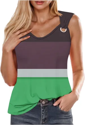 Summer Tank Tops for Women 2025 Color Block Print Casual V Neck Sleeveless Tops Trendy Summer Beach Comfy Tank Top