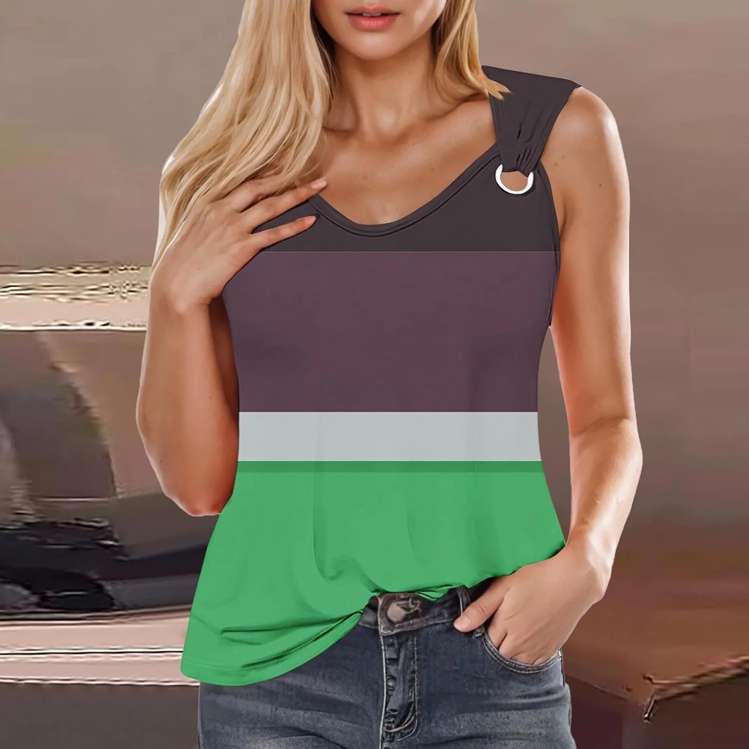Summer Tank Tops for Women 2025 Color Block Print Casual V Neck Sleeveless Tops Trendy Summer Beach Comfy Tank Top