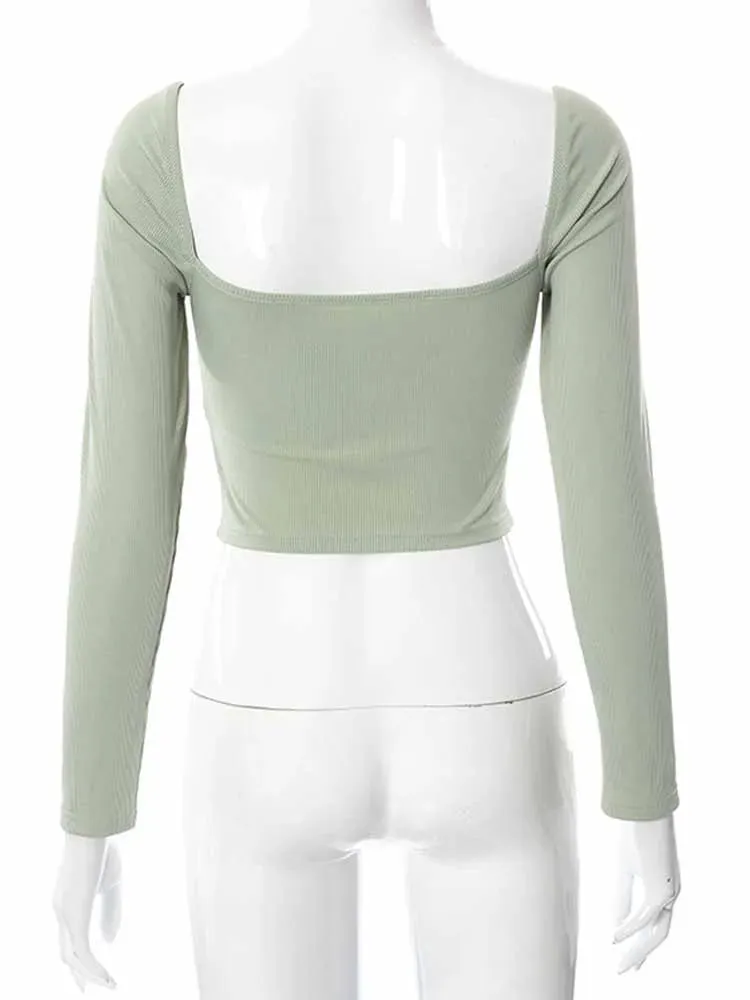 V-neck Long Sleeve Casual Fashion Backless Crop Top