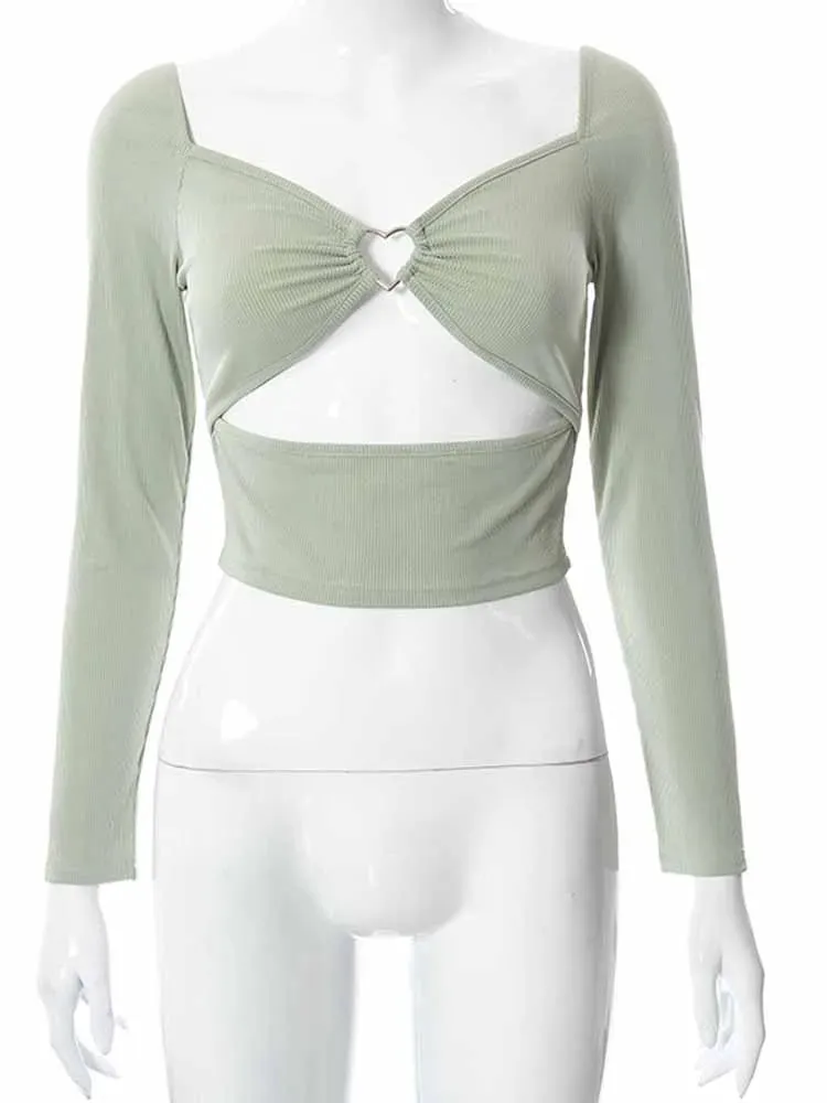 V-neck Long Sleeve Casual Fashion Backless Crop Top