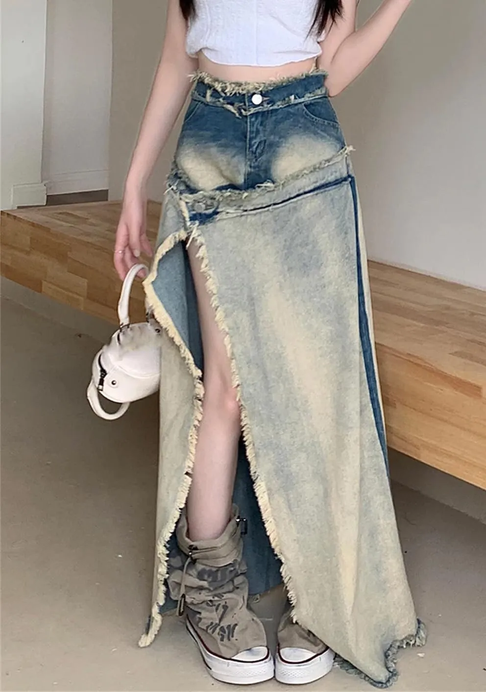 Vintage Ripped Tassel Jean Skirts Front Split Irregular Denim Skirt High Street Long Skirts Maxi Skirt