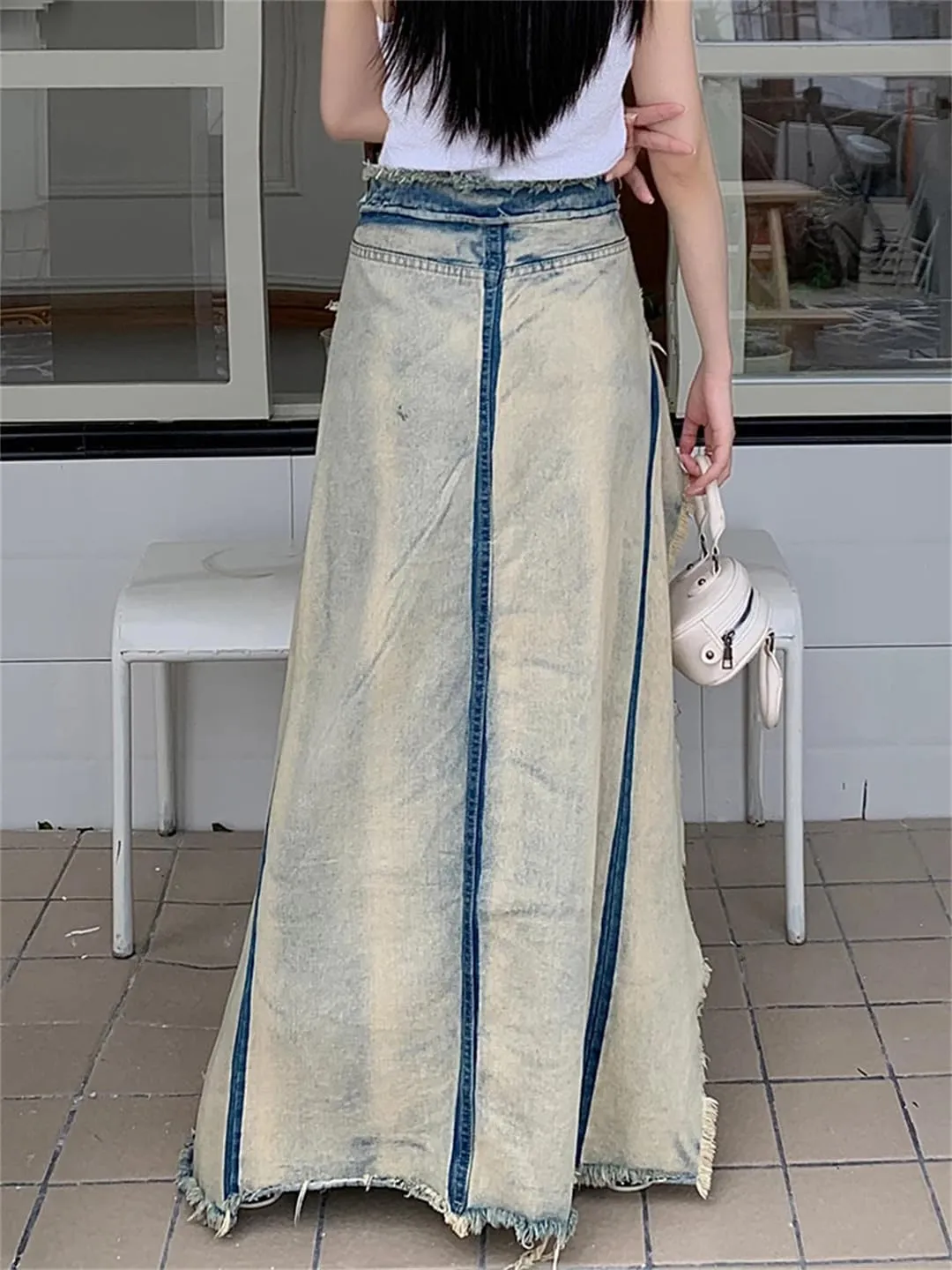Vintage Ripped Tassel Jean Skirts Front Split Irregular Denim Skirt High Street Long Skirts Maxi Skirt