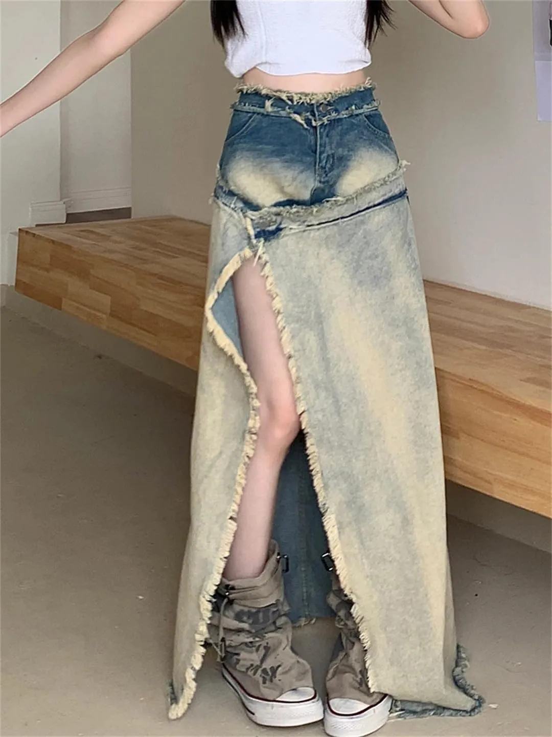 Vintage Ripped Tassel Jean Skirts Front Split Irregular Denim Skirt High Street Long Skirts Maxi Skirt