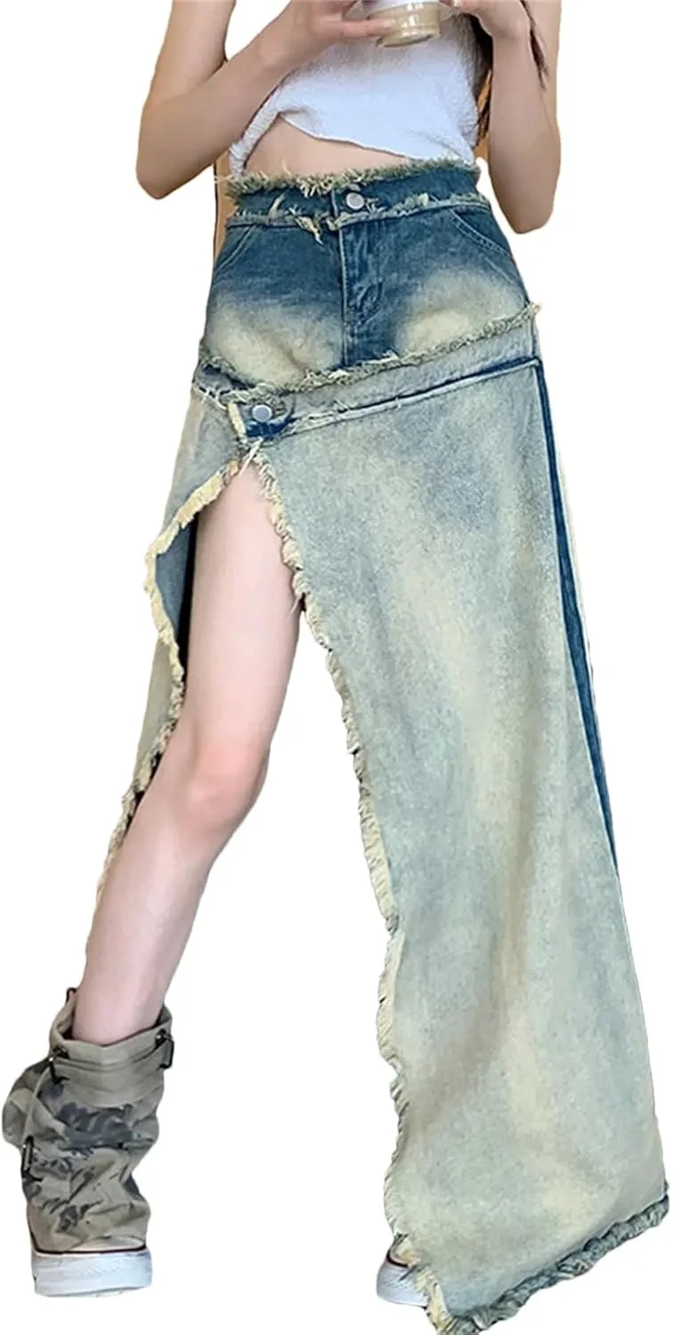 Vintage Ripped Tassel Jean Skirts Front Split Irregular Denim Skirt High Street Long Skirts Maxi Skirt