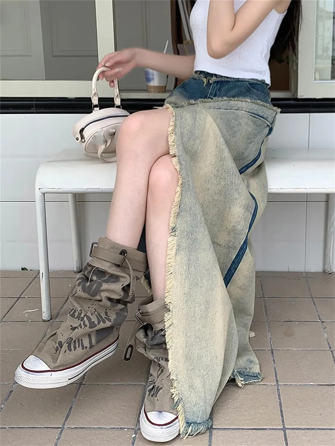 Vintage Ripped Tassel Jean Skirts Front Split Irregular Denim Skirt High Street Long Skirts Maxi Skirt