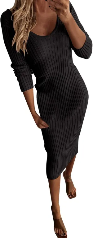 Women Casual Dresses Elegent Long Sleeve V Neck Bodycon Midi Dress Formal Slim Pencil Evening Party Dress
