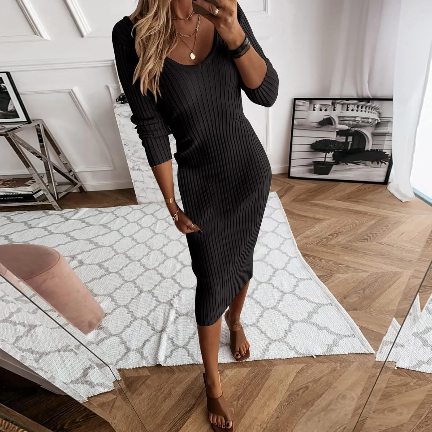 Women Casual Dresses Elegent Long Sleeve V Neck Bodycon Midi Dress Formal Slim Pencil Evening Party Dress