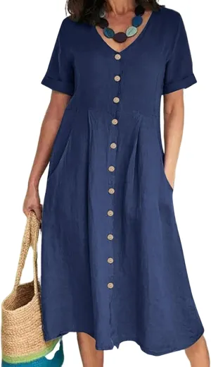 Women's Button Down T-Shirt Dress Casual High Low V Neck Loose Linen Summer Short Sleeve Midi Dresses with Pockets