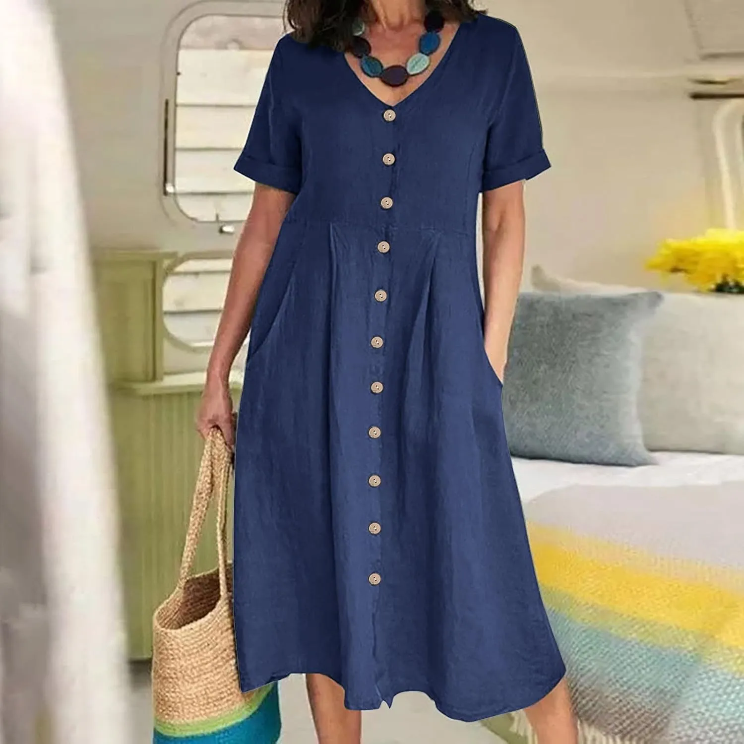 Women's Button Down T-Shirt Dress Casual High Low V Neck Loose Linen Summer Short Sleeve Midi Dresses with Pockets