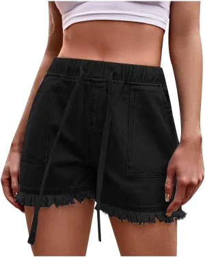Womens Casual Jean Shorts Dressy Elastic Drawstring High Waisted Jean Shorts Ladies Cute Tassel Outside Wear Shorts