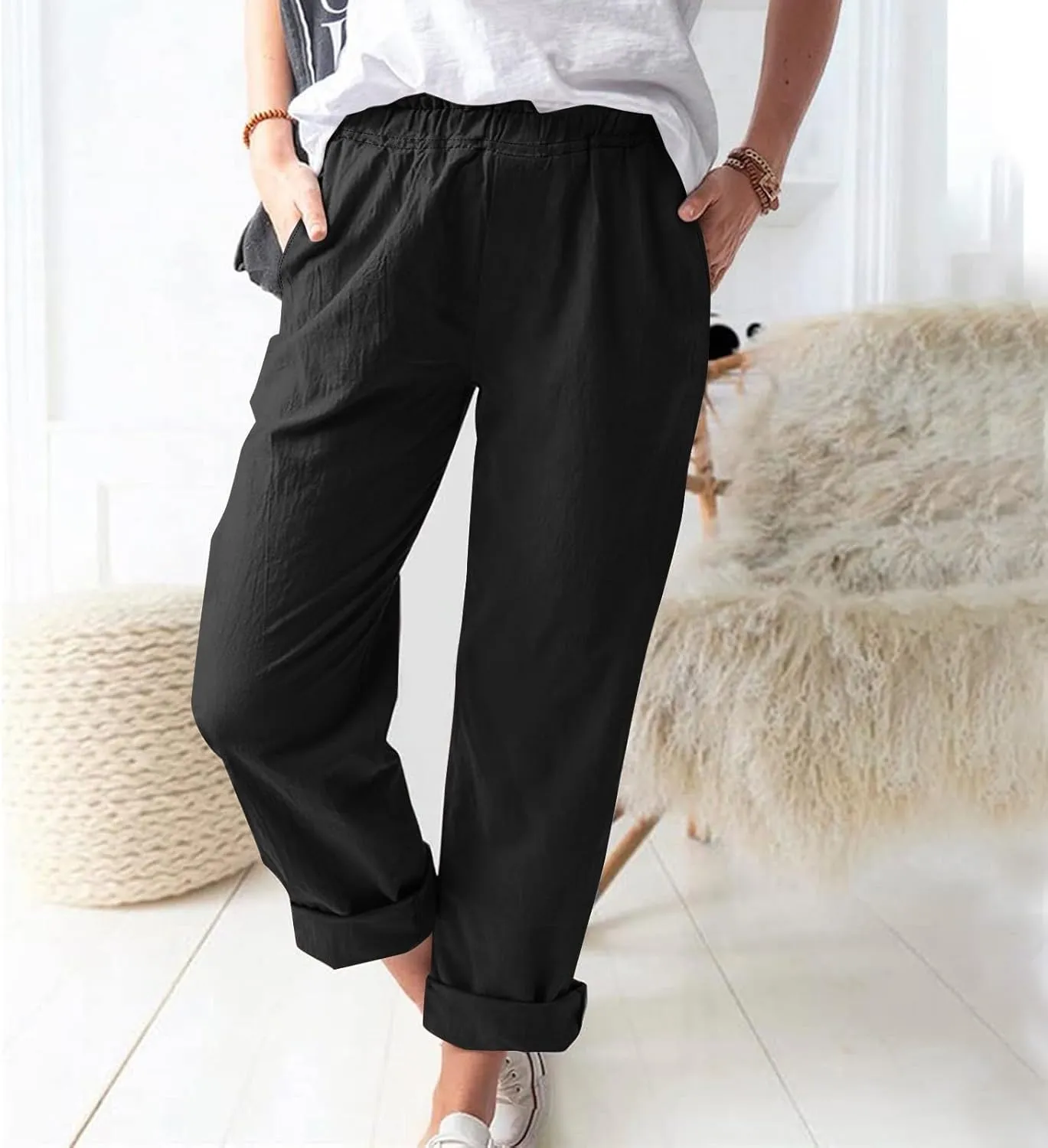 Women's Cotton Linen Pants Summer Elastic High Waist Wide Leg Pants Casual Lightweight Loose Trousers with Pockets