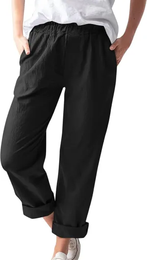 Women's Cotton Linen Pants Summer Elastic High Waist Wide Leg Pants Casual Lightweight Loose Trousers with Pockets