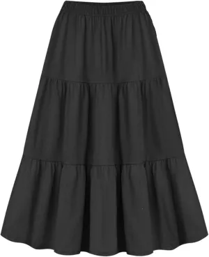 Women's Elastic High Waist Pleated A-Line Skirts Flowy Swing Ruffle Tiered Medium Length Casual Solid Color Skirt
