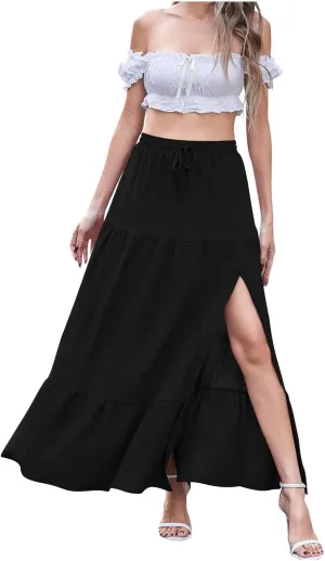 Women's High Elastic Waist Ruffle Tiered High Split Drawstring Flowy Vacation Beach Summer A-Line Maxi Skirt