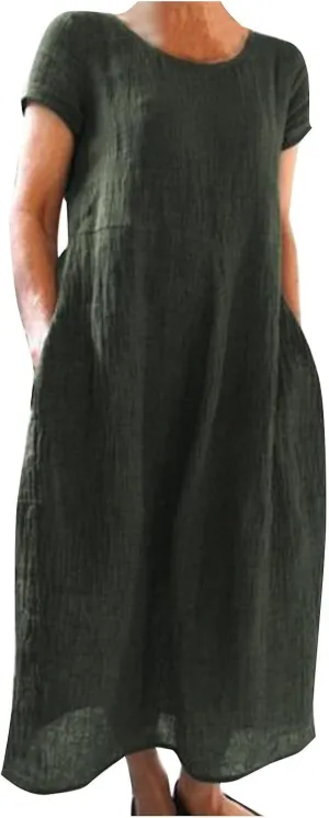 Women's Linen Dresses 2025 Casual Short Sleeve Crewneck T Shirts Maxi Dresses Loose Solid Retro Dress with Pockets